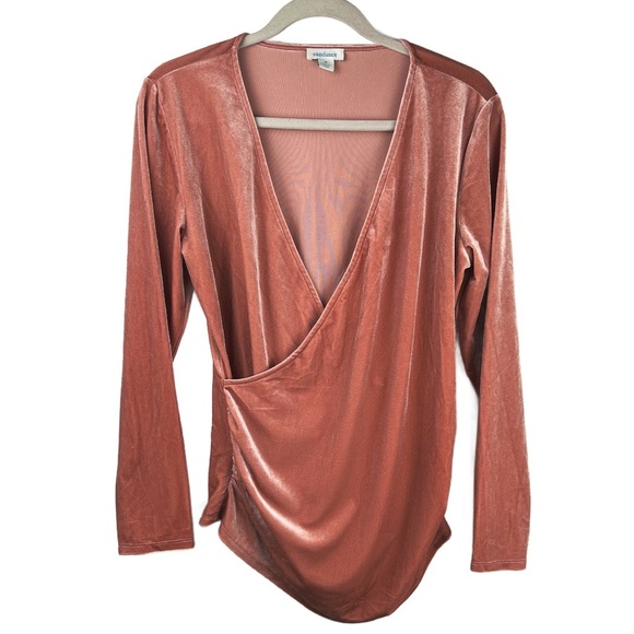 Sundance Velvet Top Shirt Blouse Long Sleeves Faux Wrap Front Dusty Rose Pink M - Picture 1 of 4
